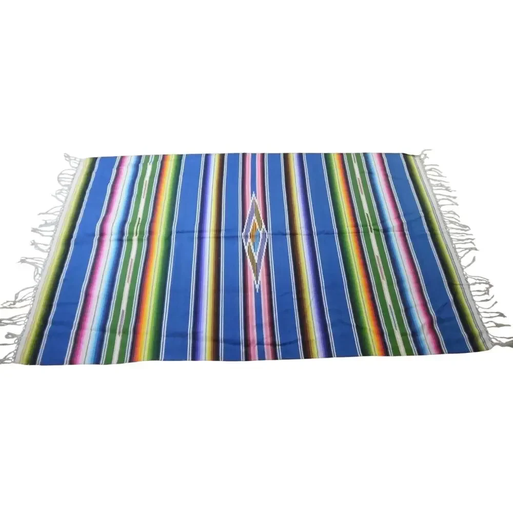 Serape Saltillo Mexican Blue Multi-Color Fringed Striped Blanket 84X49 Vintage